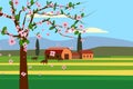 Spring landscape rural countryside, blossom tree, rural nature wwith farmhouse, barn and grass flowers. Panorama Royalty Free Stock Photo