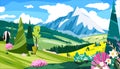 Spring landscape scene with fir trees forest and blooming bush near rocky mountains. Cartoon Vector nature scenery illustration Royalty Free Stock Photo