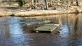 Spring landscape with a small wild river, bare trees without leaves, old board platform in a flooded river Royalty Free Stock Photo