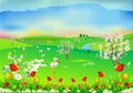 Spring landscape with storks,