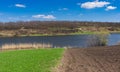 Spring landscape with Suha Sura river in Vasylivka village near Dnepr city, central Ukraine