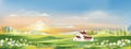 Spring landscape in Sunny day village with meadow on hills with blue sky, Panoramic countryside of green field with farmhouse, Royalty Free Stock Photo