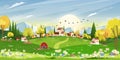 Spring landscape in Sunny day village with meadow on hills with blue sky, Panoramic countryside of green field with farmhouse, Royalty Free Stock Photo