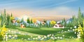 Spring landscape in Sunny day village with meadow on hills with blue sky, Panoramic countryside of green field with farmhouse, Royalty Free Stock Photo