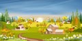 Spring landscape in Sunny day village with meadow on hills with blue sky, Panoramic countryside of green field with farmhouse, Royalty Free Stock Photo