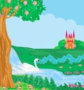 Spring landscape with swan and castle