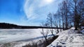 Spring landscape with tree with bare branches, river with ice, snow below on river and blue sky in the background in Royalty Free Stock Photo