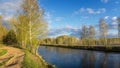 Spring landscape at the Ural river with birch, Russia Royalty Free Stock Photo