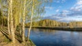 Spring landscape at the Ural river with birch, Russia Royalty Free Stock Photo