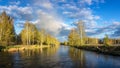 Spring landscape at the Ural river with birch, Russia Royalty Free Stock Photo