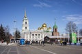 Spring landscape with a view of the Tula Kremlin and the Museum of Samovars from the central square. Tula city.