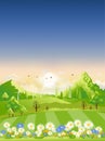Spring landscape,View of spring village, green meadow on hills with blue sky, Vector cartoon Spring or Summer landscape, Panoramic Royalty Free Stock Photo