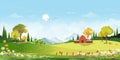 Spring landscape in village with green field, flower and butterfly meadow on hills with blue sky, Vector cartoon sunny day Summer Royalty Free Stock Photo