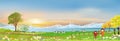 Spring landscape in village with green field and sunset,Vector cartoon rural farmland with animals cows, scarecrow and windmills Royalty Free Stock Photo