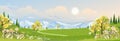 Spring landscape in village with green field and sunset,Vector cartoon Summer rural farmland with mountain,forest tree pink and Royalty Free Stock Photo