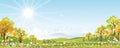 Spring landscape in village with green field and sunset,Vector flat cartoon rural farmland with mountain, forest, blue sky, Royalty Free Stock Photo