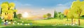 Spring landscape in village with green field and sunset,Vector flat cartoon rural farmland with mountain and forest, pink and blue Royalty Free Stock Photo