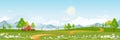 Spring landscape in village with green field and sunset,Vector flat cartoon rural farmland with mountain and forest, pink and blue Royalty Free Stock Photo