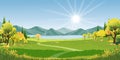 Spring landscape in village with green field and sunset,Vector flat cartoon Summer rural farmland with mountain,river, forest, Royalty Free Stock Photo