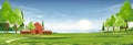 Spring landscape at village by the lake with green fields,mountain, blue sky and clouds, Vector nature cartoon scenery Summertime, Royalty Free Stock Photo