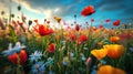 Spring landscape with wildflowers, cornflower, poppies and daisies among the grass, beautiful idyllic rural, countryside landscape