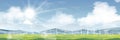 Spring landscape windmill on grass land,mountain,blue sky,cloud and Sun ,Vector of Nature Green field with wind energetic turbines Royalty Free Stock Photo