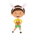 Spring laughing boy with bunny ears stands and holds basket with eggs.