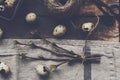 Spring leaves and quail eggs on linen napkin