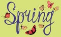 Spring letter with cute butterflies. Springtime seasonal lettering or inscription. Hand drawn. Vector illustration in Royalty Free Stock Photo