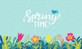 Spring lettering background. Doodle flowers and plants, handwritten seasonal phrase. Invitation, poster or ad banner Royalty Free Stock Photo