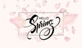 Spring lettering web banner template. Color pink sakura cherry blossom flower blue sky landscape background design Royalty Free Stock Photo