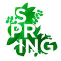 Spring letters on leaves background. Spring Poster with typography and plants. Bright green.