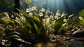 Spring lilies of the valley flowers have grown and bloomed. Macro photography. Copy space