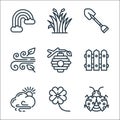 Spring line icons. linear set. quality vector line set such as bug, flowers, cloudy, fence, beehive, wind, shovel, grass Royalty Free Stock Photo