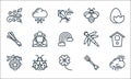 Spring line icons. linear set. quality vector line set such as cloudy, flowers, beehive, fork, bug, spring onion, dragon fly, bee Royalty Free Stock Photo