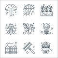 spring line icons. linear set. quality vector line set such as flower pot, rake, fence, macro, plants, ladybird, plants, good