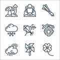 spring line icons. linear set. quality vector line set such as flowers, wind mill, cloudy, beehive, kite, rainy day, spring onion Royalty Free Stock Photo