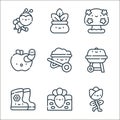 spring line icons. linear set. quality vector line set such as rose, carrot, rain boots, grill, wheelbarrow, apple, sakura, plant