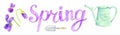 Spring logo. Watering can, violet flower, garden shovel, gardening. Colored pencil sketch