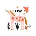 Spring love lettering unicorn greeting card. Horse with folk nordic floral ornament. Paper cut animal in flat modern scandinavian Royalty Free Stock Photo