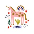 Spring love lettering unicorn greeting card. Horse with folk nordic floral ornament. Paper cut animal in flat modern scandinavian Royalty Free Stock Photo