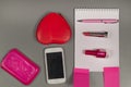 Spring. Love. Still life of pink items on the desktop Royalty Free Stock Photo