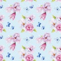 Spring magnolia blooming flowers, butterfly. Seamless pattern pink blossom, branches. Design spring floral background Royalty Free Stock Photo