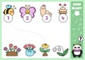 Spring matching game with cute kawaii flowers and insects. Elementary garden math activity for preschool kids. Educational