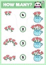 Spring matching game with cute kawaii tulips in cup. Garden math activity for preschool kids. Educational printable Easter