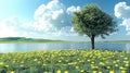 Spring Meadow, Blossoming Tree, Lake Royalty Free Stock Photo