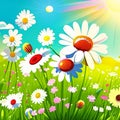 Spring meadow with daisies and sun. Vector illustration. AI Generated Royalty Free Stock Photo