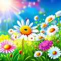Spring meadow with daisies and sun. Vector illustration. AI generated Royalty Free Stock Photo