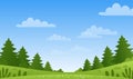 Spring meadow with green grass and wildflowers. Poster with summer landscape, coniferous forest, blue sky with clouds. Simple