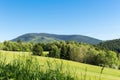 Spring meadow in mountains. Bright alpine landscape with blue sky. Bright sun in blue sky. Green fields under blue sky. Royalty Free Stock Photo